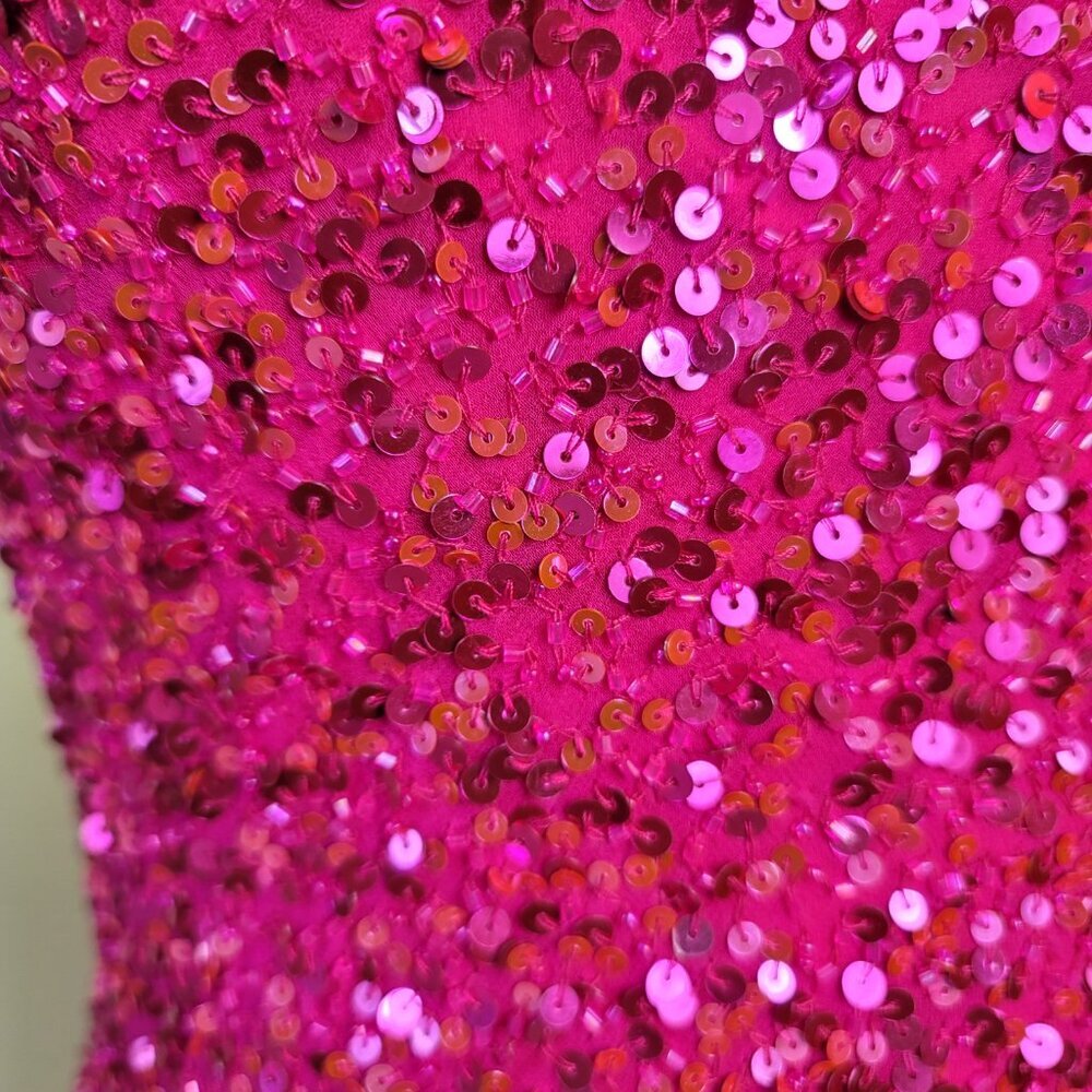 Scala Vintage Hot Pink 100% Silk Crystal Sequin Open Back Women's Gown | Size 4 - Picture 5 of 13
